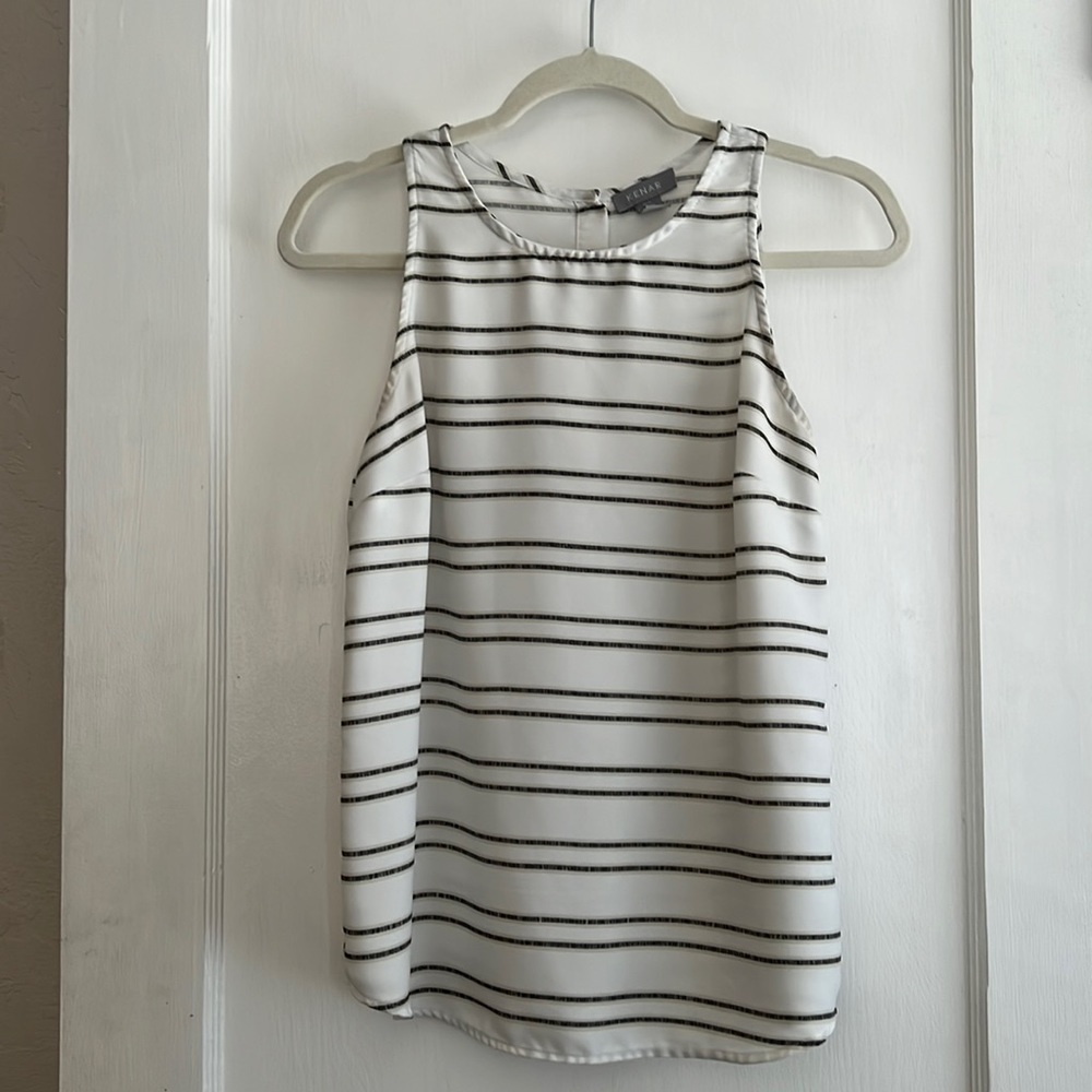 Kenar Button Down Back White, Beige and Dark Blue Striped Blouse Size Small